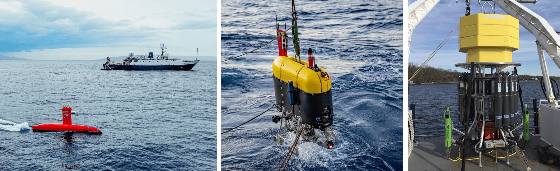 Left: Uncrewed surface vessel DriX with Exploration Vessel Nautilus in the background. Center: Autonomous underwater vehicle Mesobot being recovered from the ocean. Right: The Deep Autonomous Profiler Lander on the deck of Exploration Vessel Nautilus.