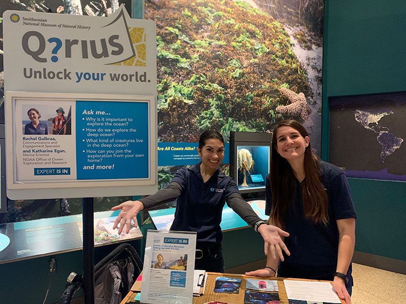 In January 2020, NOAA Ocean Exploration staff eagerly awaited questions from the public as a part of the “Secrets of the Sea Revealed” program in Sant Ocean Hall in the Smithsonian’s National Museum of Natural History.