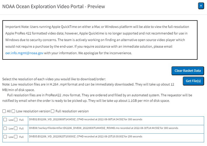 Screenshot of the Ocean Exploration Video Portal basket data