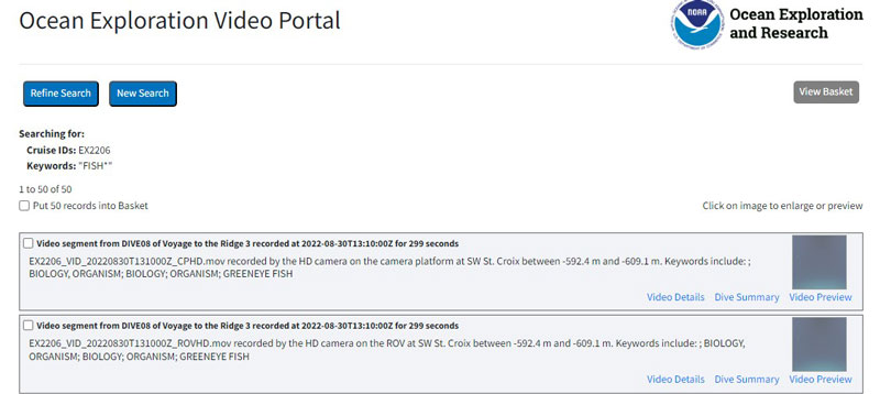 Screenshot of the Ocean Exploration Video Portal results
