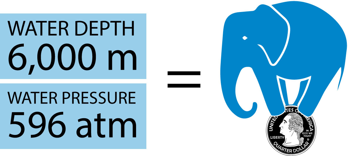 Showing water pressure amounts that equate to an elephant sitting on a quarter