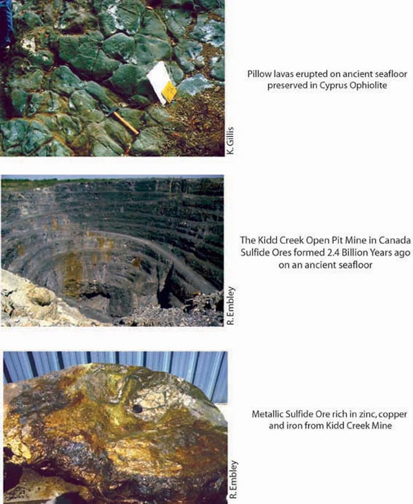 Samples of basalts and hydrothermal deposits from ancient seafloors