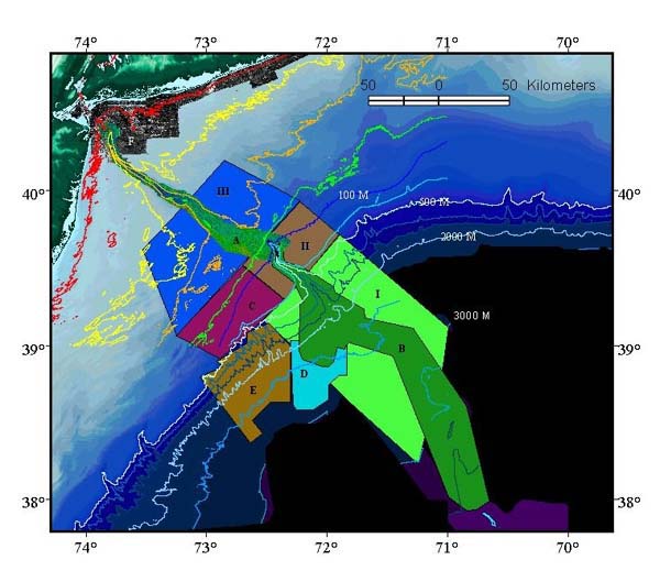 Location of existing and planned high-resolution multibeam surveys in the Hudson Shelf Valley and Canyon system.