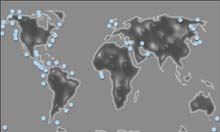 Global view of areas where methane hydrates are believed to reside among seafloor sediments and within permafrost.