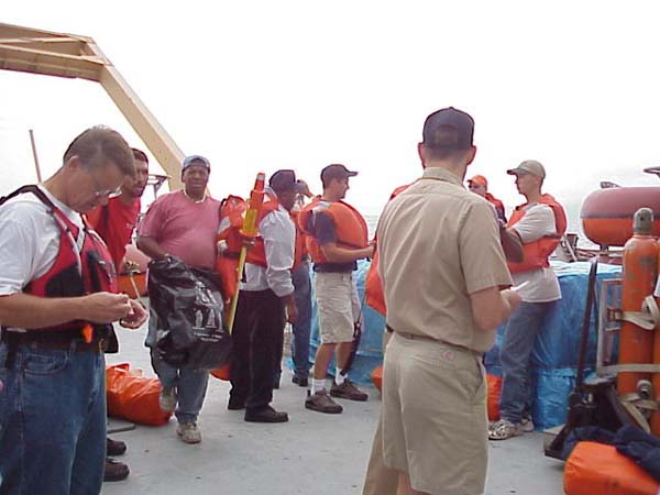 Crew, officers, and scientific party during an abandon ship drill.