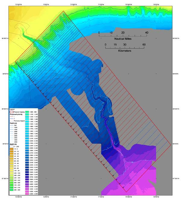 Image of tracklines and area being covered by the Hudson Canyon expedition.