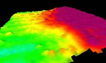 3-D multibeam image of the Northward view of “Forcepia-land” escarpment.