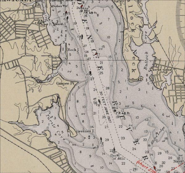 Historical US Coast and Geodetic Survey chart of Rhode Island depicting Gaspee Point