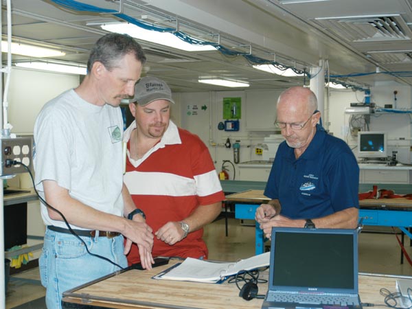 John McDonough, Jeff Ellett, and Will Schroeder discuss the ROV dive schedule 