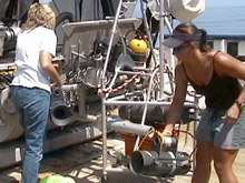 Tammy Frank and Nicole McMullen load baited benthic traps