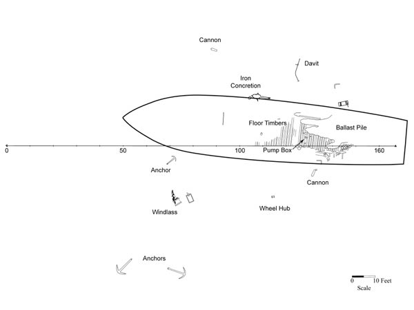 A map of the Kad'yak shipwreck created on graph paper using drawings made underwater.