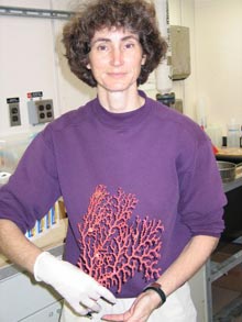 Dr. Lauren Mullineaux holds a collected sample of pink Corallium.