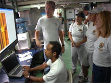 Teachers and scientists examine side-scan sonar images.