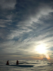 Scientists gather samples from a sea ice melt pond in the middle of the Arctic night.