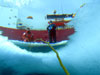 An ice diver takes a picture of the view looking up at the surface through their dive entry hole with an underwater camera.