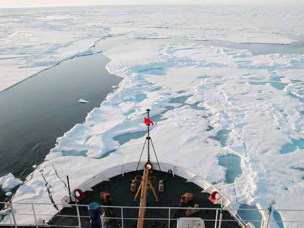 USCGC Healy cuts through young Arctic ice during the first day the cruise is underway.