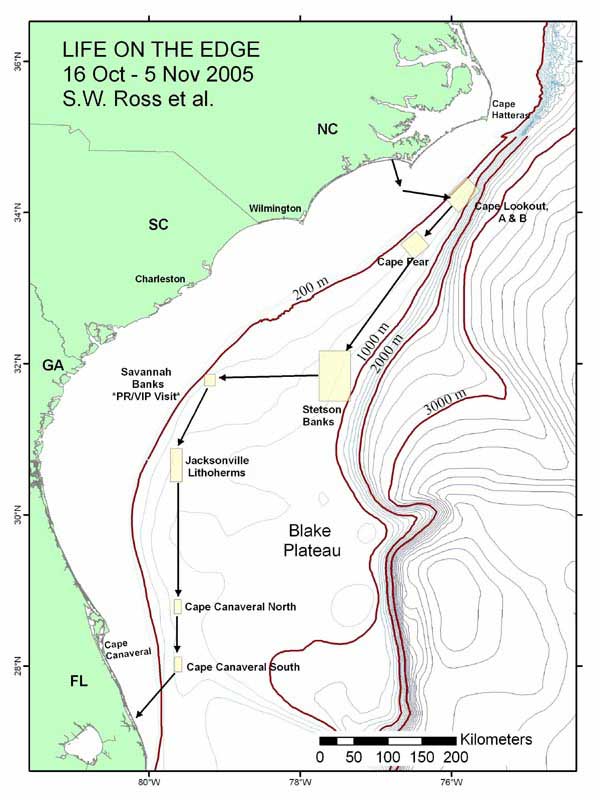 Map of the southeastern US study area, illustrating proposed path of the cruise and various deep coral sampling areas.