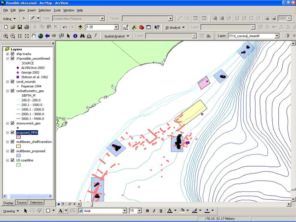 Screen capture of an ArcMap scene containing several layers of data.