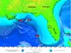 Bathymetric map of the Gulf of Mexico, with proposed dive sites for Operation Deep-Scope 2005 indicated by red arrows and yellow numbers.