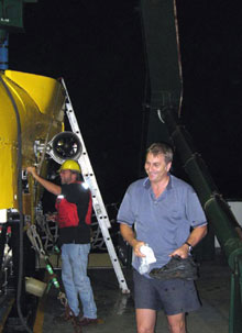 Cornel de Ronde arrives back on deck after a very late afternoon (evening?) dive.