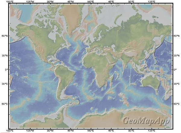 Bathymetric map showing a global view of the mid-ocean ridge (MOR).