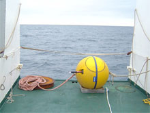 Syntactic foam float and railroad wheel anchor.