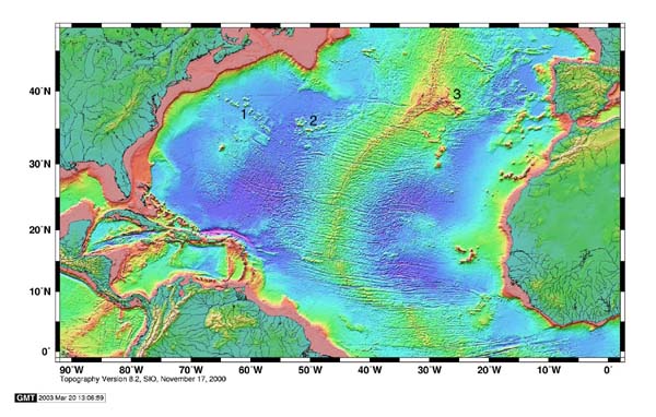 Relative positions of the New England seamount chain