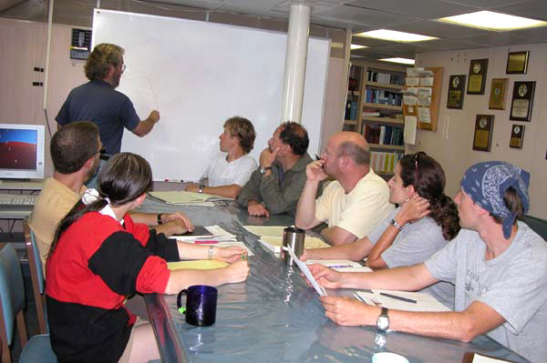 Chief Scientist Les Watling, University of Maine leads a planning discussion among the science team.