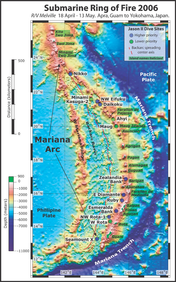 A view of the dive targets for the SRoF'06 expedition in Pacific Ring of Fire (Guam to Iwo Jima).