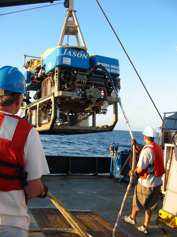 Scientists and crew work together to successfully deploy the ROV for yet another dive.