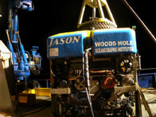 Panorama of the Jason group preparing for a midnight launch of the vehicle from the fantail of the R/V Melville.