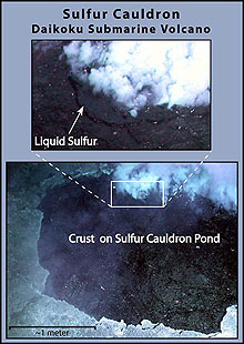 t Daikoku volcano, a black pool of liquid sulfur with a solidified sulfur crust.