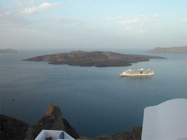 The Nea Kameni island in the middle of Santorini caldera.