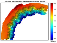 Map of the northwest slopes of Brothers volcano created from ABE bathymetry.