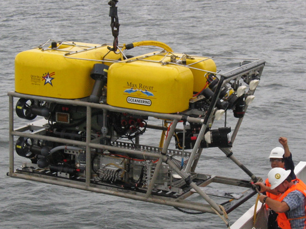 The ROV is hoisted back onto the deck