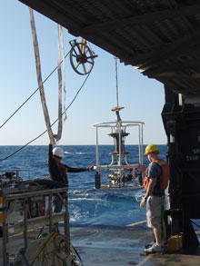 The Sea-Bird 19plus CTD being recovered from the port side of the Nancy Foster.