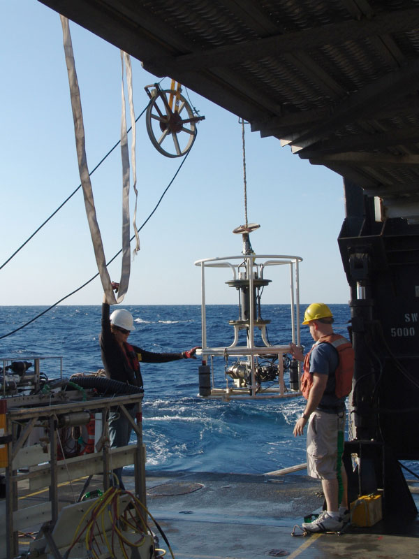 The Sea-Bird 19plus CTD being recovered from the port side of the Nancy Foster. 