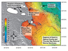 Map of the North American Laurentian Great Lakes Basin showing regions of karst limestone formations and regions of above ground limestone formations in Alpena County, MI and submerged sinkholes including the study sites.