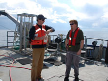 Steve Ruberg and Tom Novell hold samples of water to later be used for radioactive chlorine analysis.