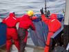 Elizaveta Ershova, Cornelia Jaspers, and Russ Hopcroft steady the bongo plankton net package.