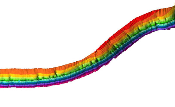 Multibeam bathymetric map of a section of the submerged cliff line surounding Bermuda at 100 m depths. Note the vertical gullies that are cut into the cliff face.