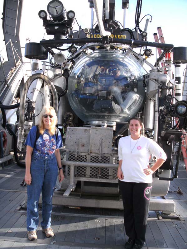 Dr. Tamara Frank, chief scientist and graduate advisor, and Gabby Barbarite prepare to enter the Johnson Sea Link II. 