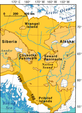 Map of the Bering land bridge during the late Wisconsin glaciation