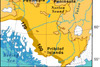 Map of the Bering land bridge during the late Wisconsin glaciation.