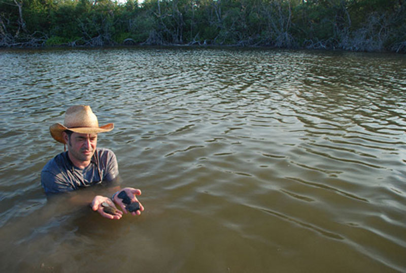 Dominique Rissolo displays newly discovered pottery sherds from a midden located in the middle of the East Harbor.