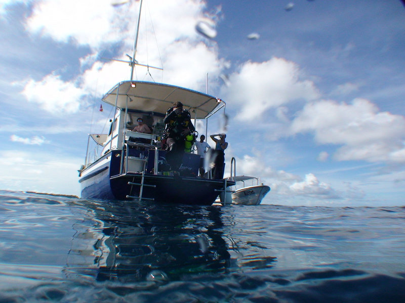 A diver prepares to enter the water off the stern of the Ocean Hunter I.