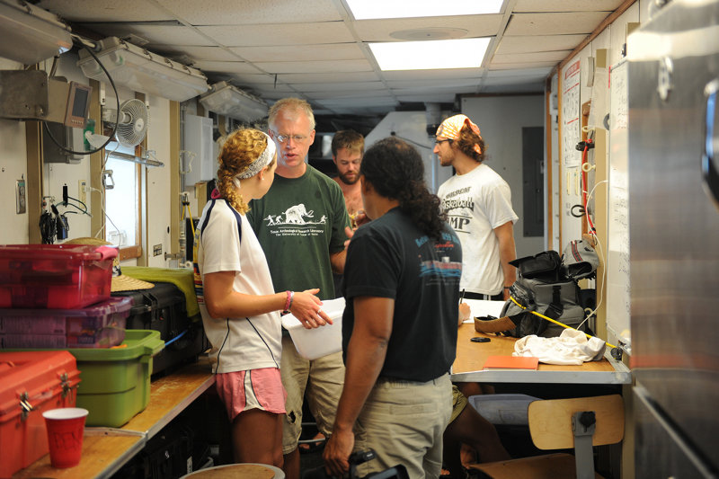 The research team meeting to discuss the daily activities (Dr. Hemmings, Ryan Duggins, Ben Wells, Jennifer Adler, and David Ulloa).