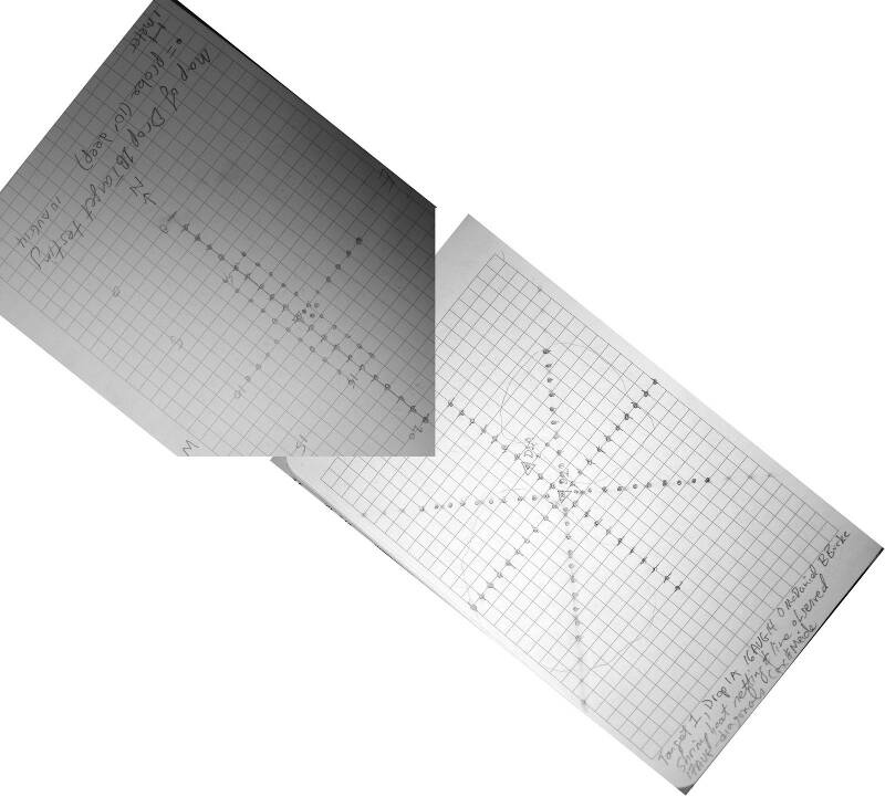 Sketches of the probes undertaken at Target 1, Drop 1B (upper left) and Drop 1A (lower right), rotated and joined together to match the orientation of the sonar image seen above.