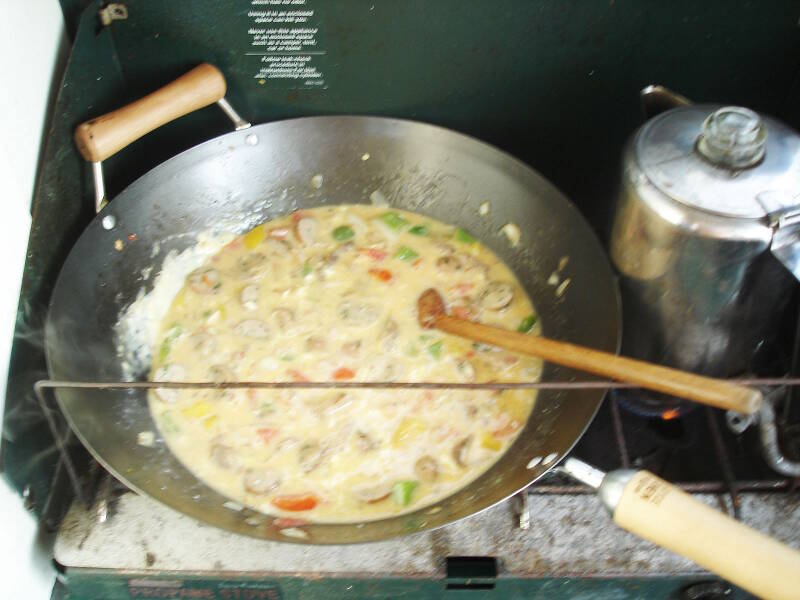 All of the ingredients for this morning’s breakfast in the wok on the cabin’s stove.