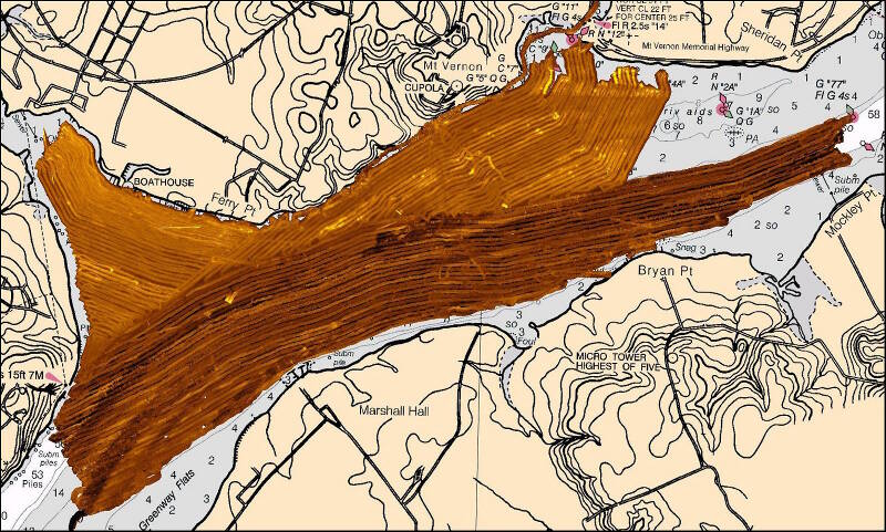 This image is the result of a survey conducted by LAMP and the Institute of Maritime History in the waters off Mt. Vernon, George Washington’s home. All of the sidescan sonar images produced by the survey have been mosaicked together using geographic position data from the GPS. Mosaics give us a seamless view of the entire area of seafloor scanned with the sonar, and let scientists know exactly what area we have successfully covered. This map was produced with SonarWiz.MAP software.